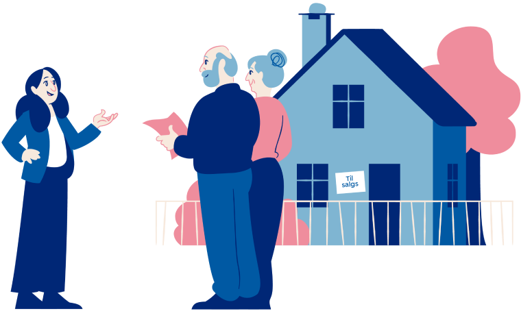 Illustrasjon av megler og eldre par foran et hus til salgs